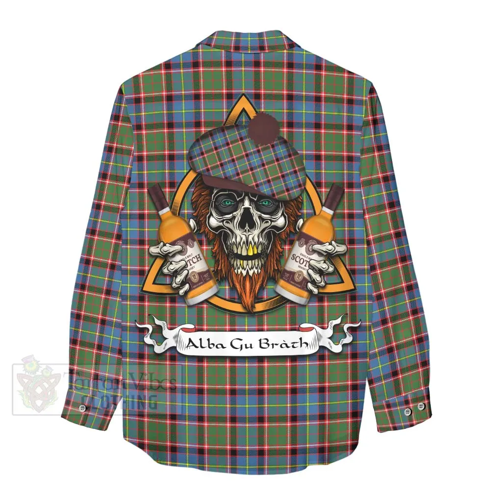 Aikenhead Tartan Women's Casual Shirt with Family Crest and Bearded Skull Holding Bottles of Whiskey