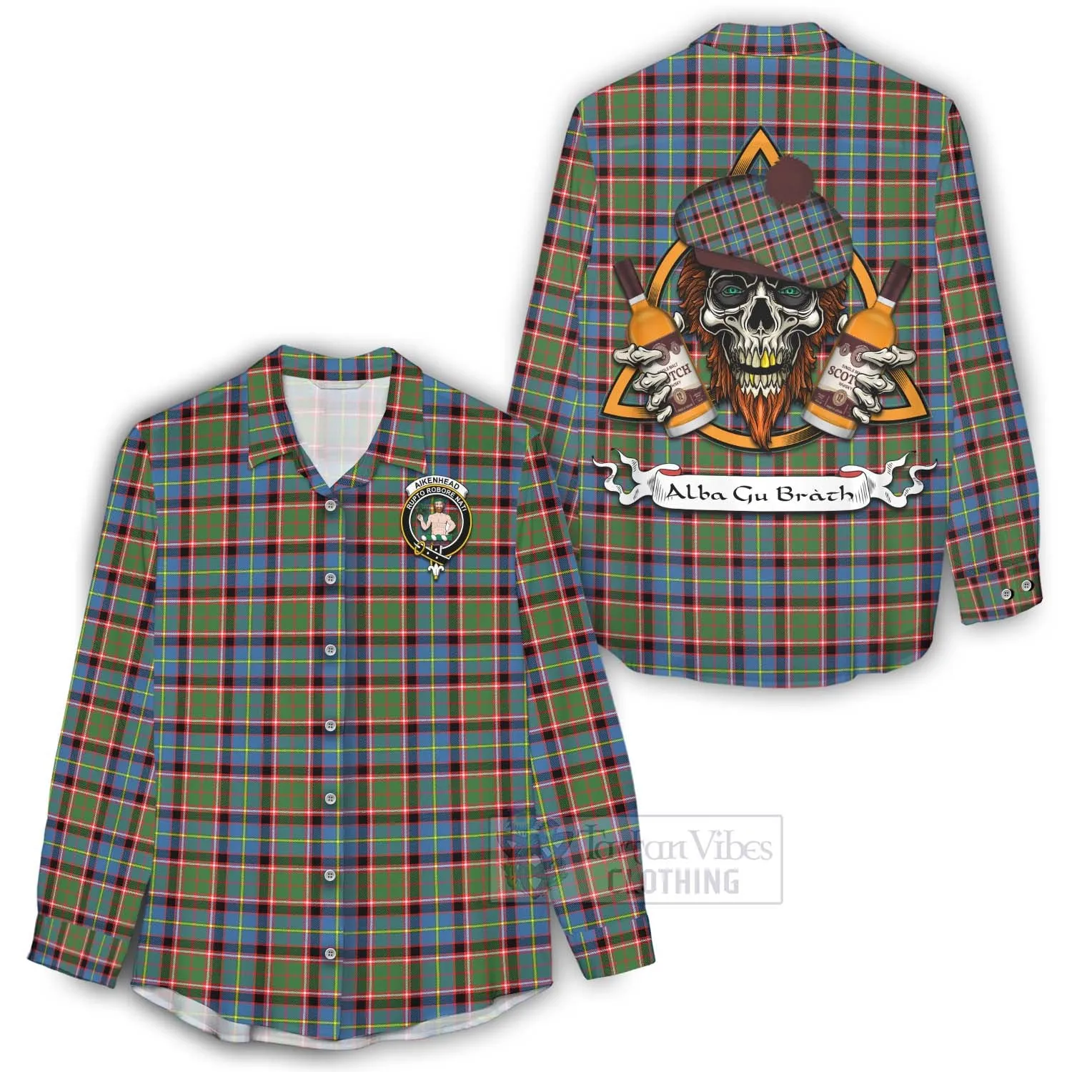 Aikenhead Tartan Women's Casual Shirt with Family Crest and Bearded Skull Holding Bottles of Whiskey