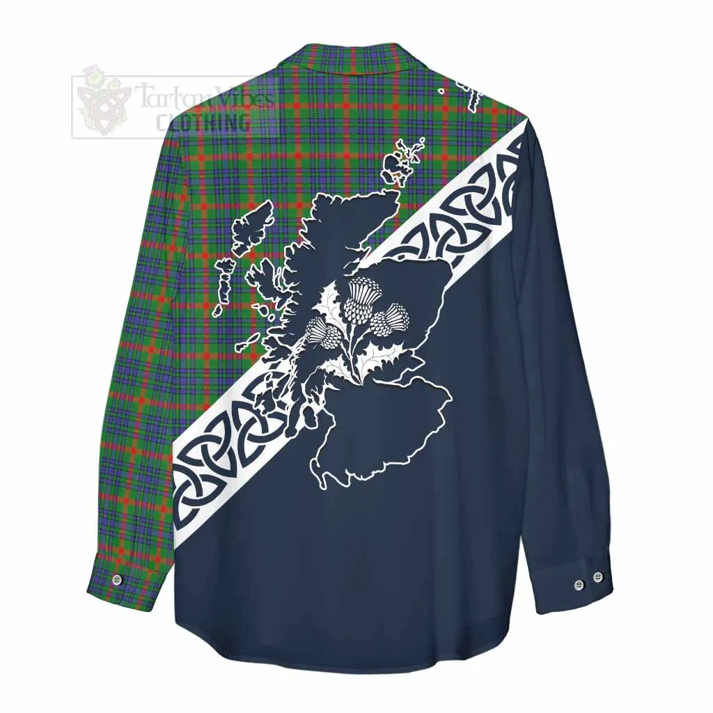 Aiton Tartan Women's Casual Shirt Featuring Thistle and Scotland Map