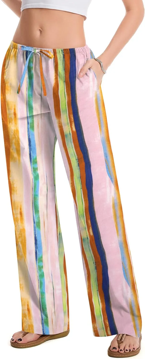 AKEWEI Women Cotton Linen Summer Palazzo Pants Drawstring Waist Wide Leg Lightweight Beach Trousers with Pockets