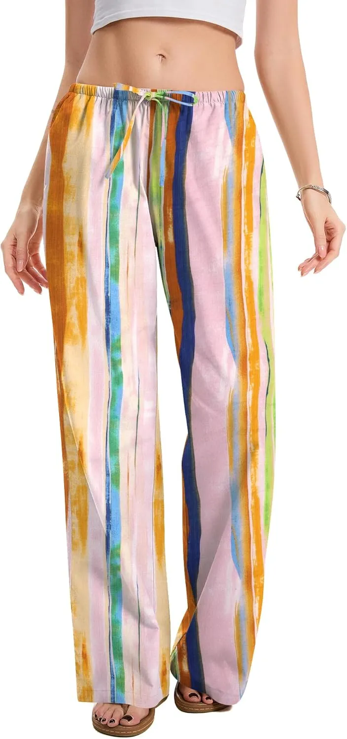 AKEWEI Women Cotton Linen Summer Palazzo Pants Drawstring Waist Wide Leg Lightweight Beach Trousers with Pockets
