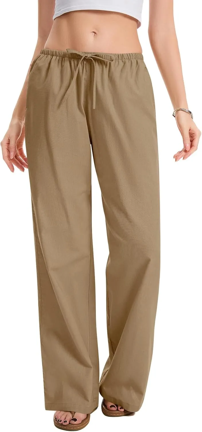 AKEWEI Women Cotton Linen Summer Palazzo Pants Drawstring Waist Wide Leg Lightweight Beach Trousers with Pockets