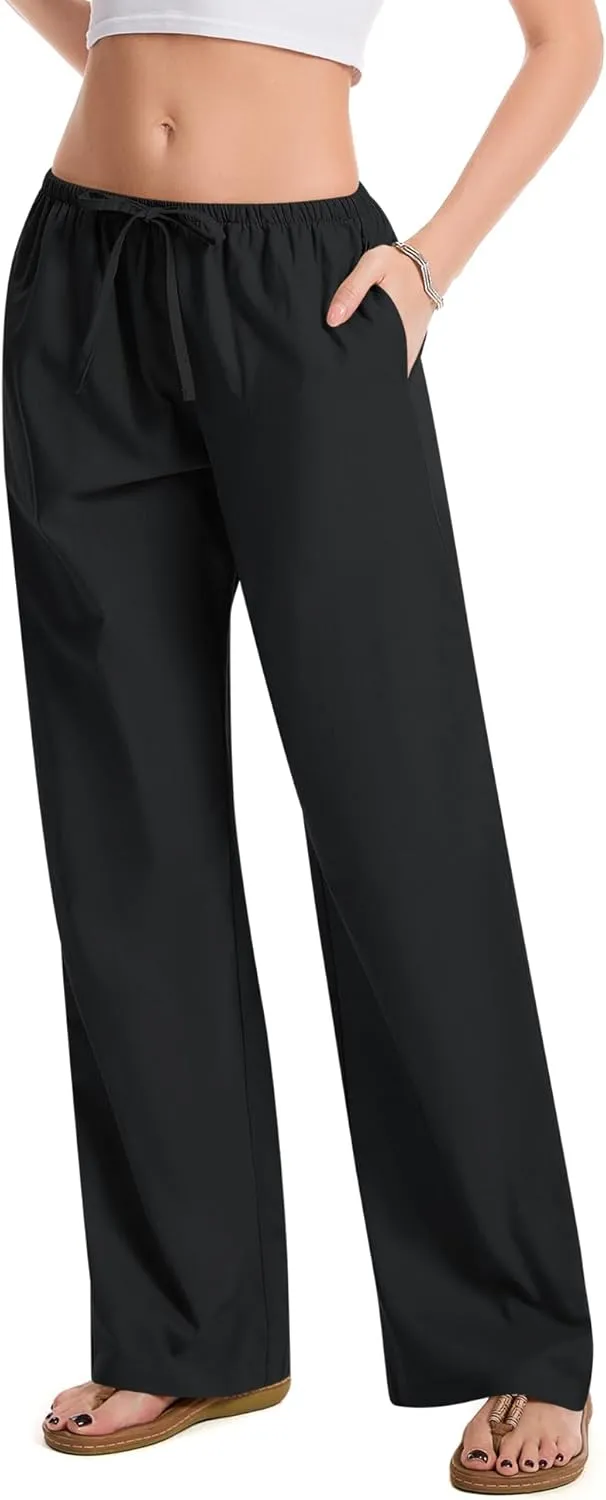 AKEWEI Women Cotton Linen Summer Palazzo Pants Drawstring Waist Wide Leg Lightweight Beach Trousers with Pockets