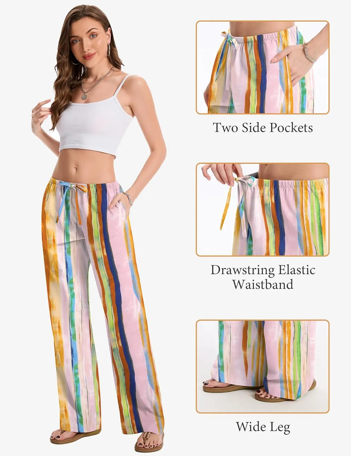 AKEWEI Women Cotton Linen Summer Palazzo Pants Drawstring Waist Wide Leg Lightweight Beach Trousers with Pockets