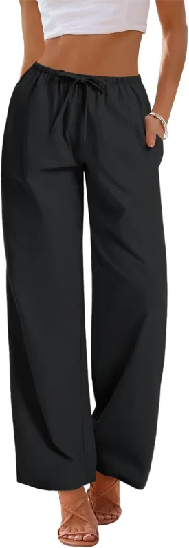 AKEWEI Women Cotton Linen Summer Palazzo Pants Drawstring Waist Wide Leg Lightweight Beach Trousers with Pockets