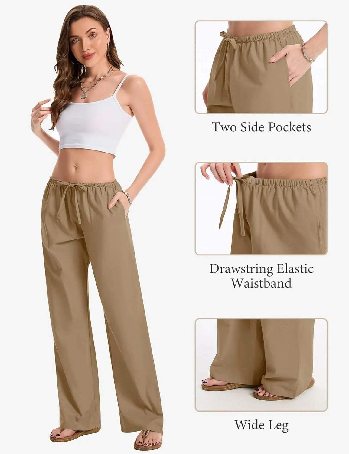 AKEWEI Women Cotton Linen Summer Palazzo Pants Drawstring Waist Wide Leg Lightweight Beach Trousers with Pockets