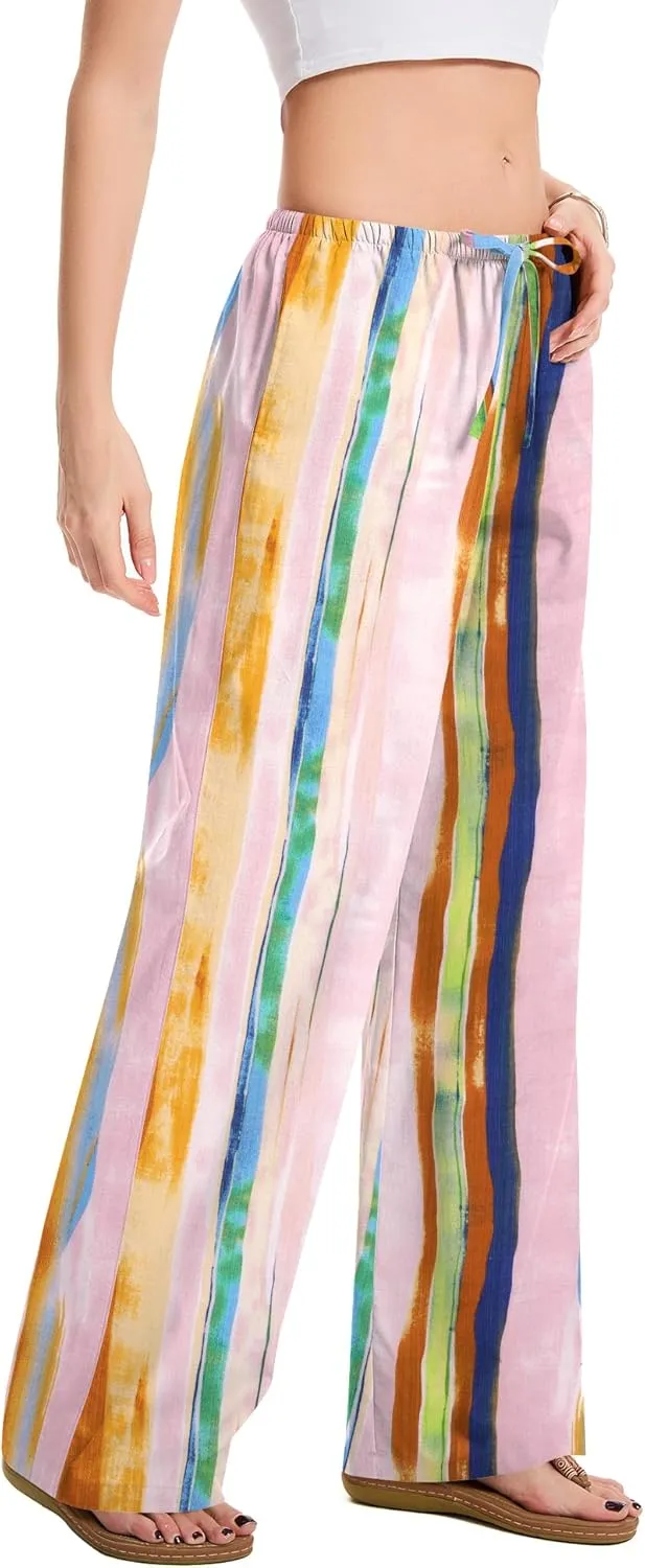 AKEWEI Women Cotton Linen Summer Palazzo Pants Drawstring Waist Wide Leg Lightweight Beach Trousers with Pockets