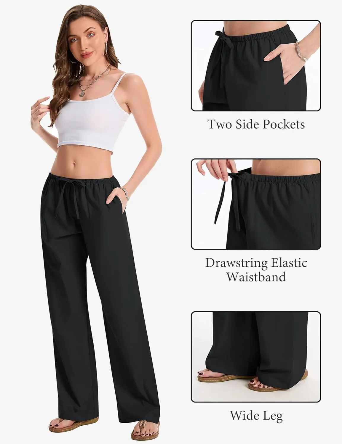 AKEWEI Women Cotton Linen Summer Palazzo Pants Drawstring Waist Wide Leg Lightweight Beach Trousers with Pockets