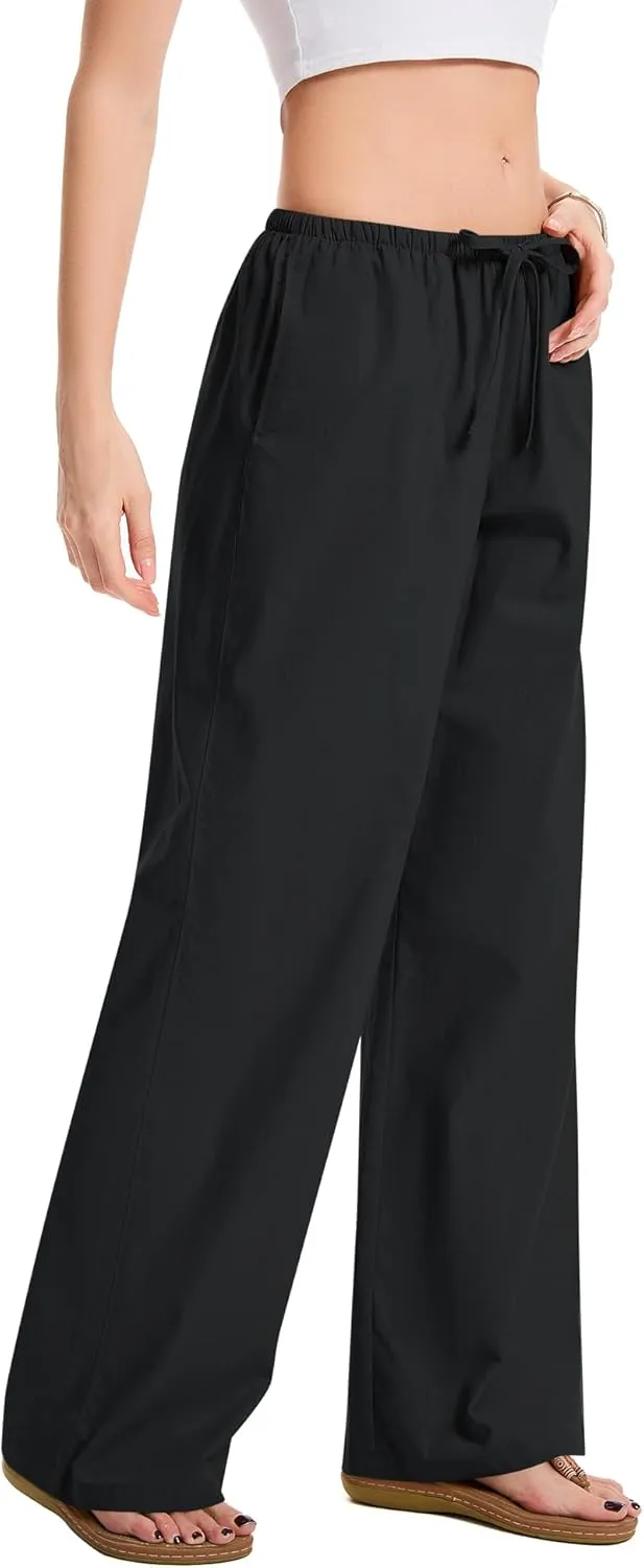 AKEWEI Women Cotton Linen Summer Palazzo Pants Drawstring Waist Wide Leg Lightweight Beach Trousers with Pockets
