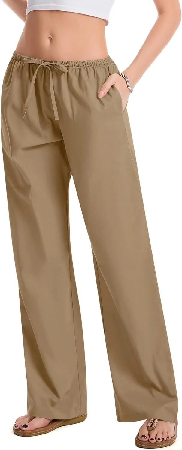 AKEWEI Women Cotton Linen Summer Palazzo Pants Drawstring Waist Wide Leg Lightweight Beach Trousers with Pockets