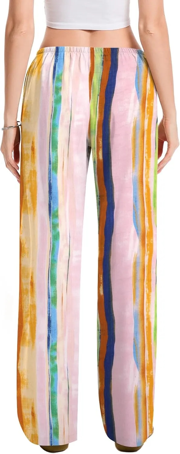 AKEWEI Women Cotton Linen Summer Palazzo Pants Drawstring Waist Wide Leg Lightweight Beach Trousers with Pockets