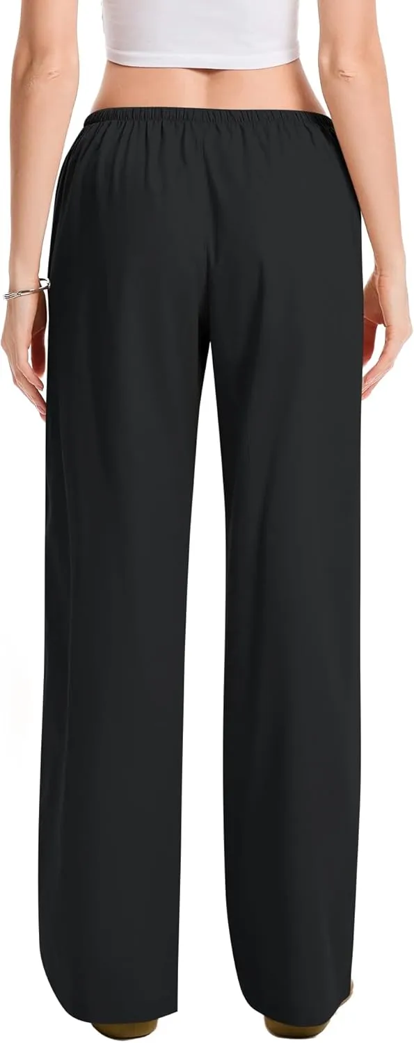AKEWEI Women Cotton Linen Summer Palazzo Pants Drawstring Waist Wide Leg Lightweight Beach Trousers with Pockets