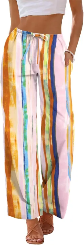 AKEWEI Women Cotton Linen Summer Palazzo Pants Drawstring Waist Wide Leg Lightweight Beach Trousers with Pockets