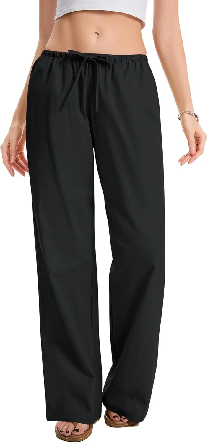 AKEWEI Women Cotton Linen Summer Palazzo Pants Drawstring Waist Wide Leg Lightweight Beach Trousers with Pockets