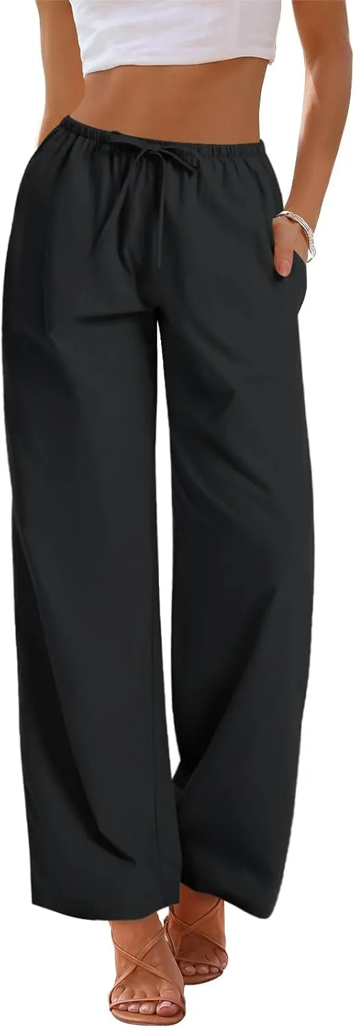 AKEWEI Women Cotton Linen Summer Palazzo Pants Drawstring Waist Wide Leg Lightweight Beach Trousers with Pockets