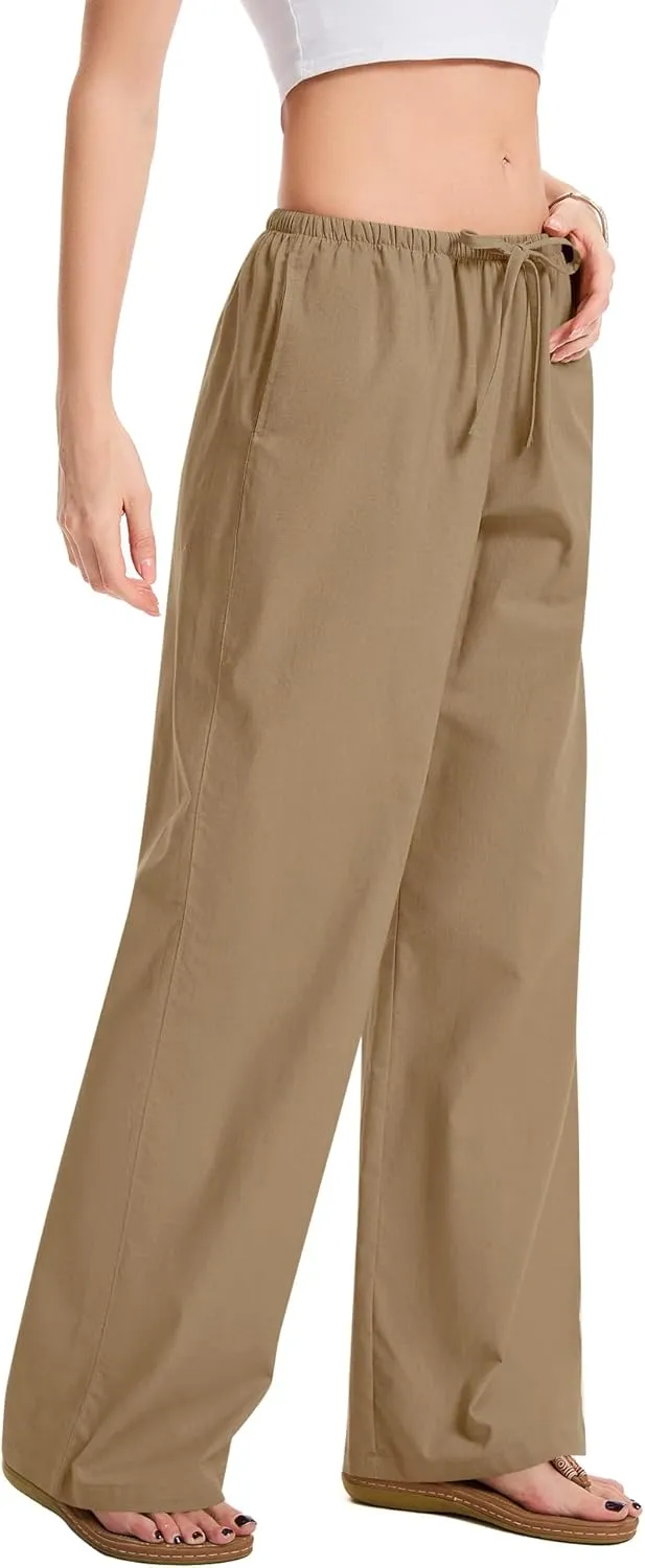 AKEWEI Women Cotton Linen Summer Palazzo Pants Drawstring Waist Wide Leg Lightweight Beach Trousers with Pockets