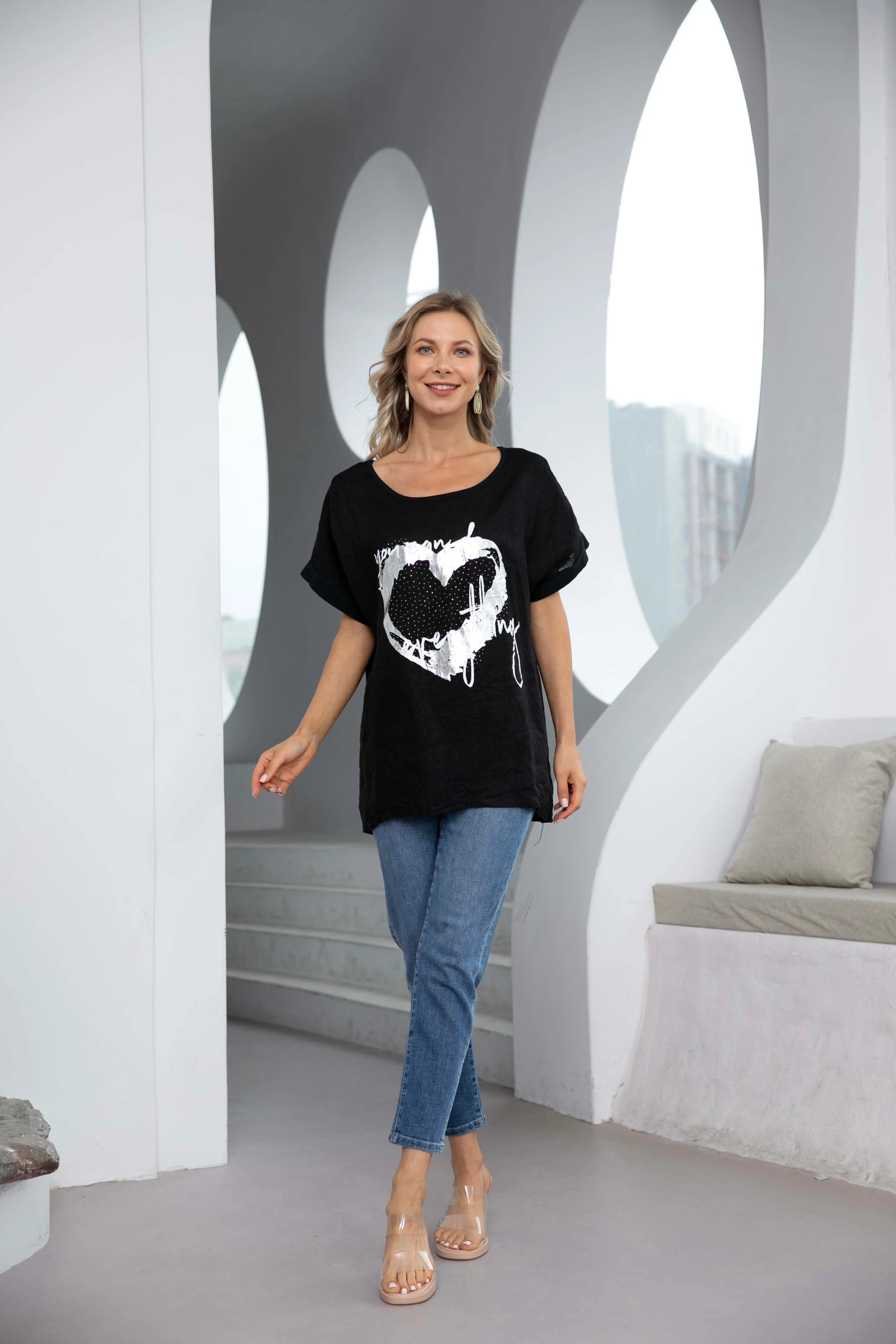 Angelina's Silver Heart Linen Top