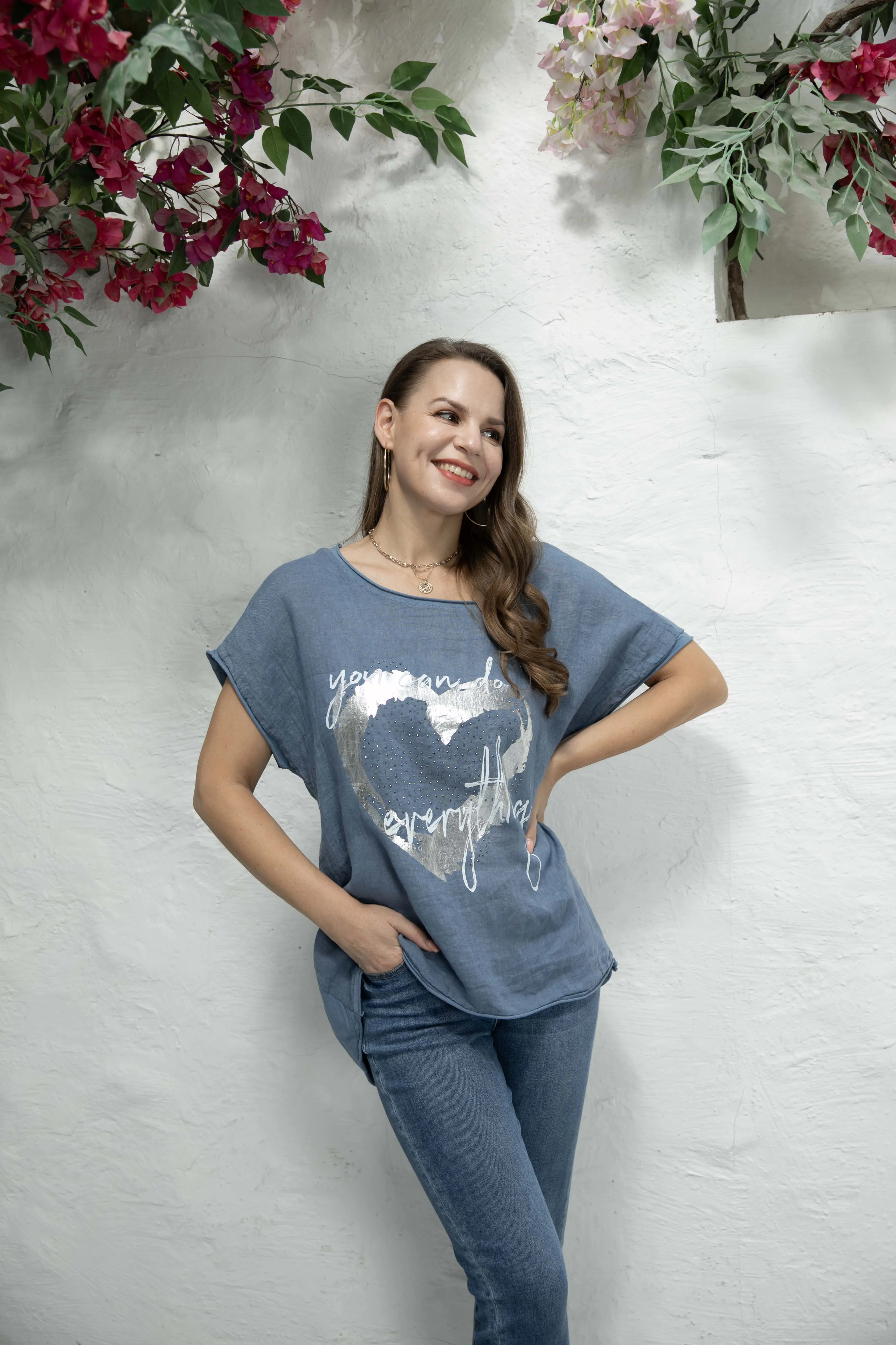Angelina's Silver Heart Linen Top