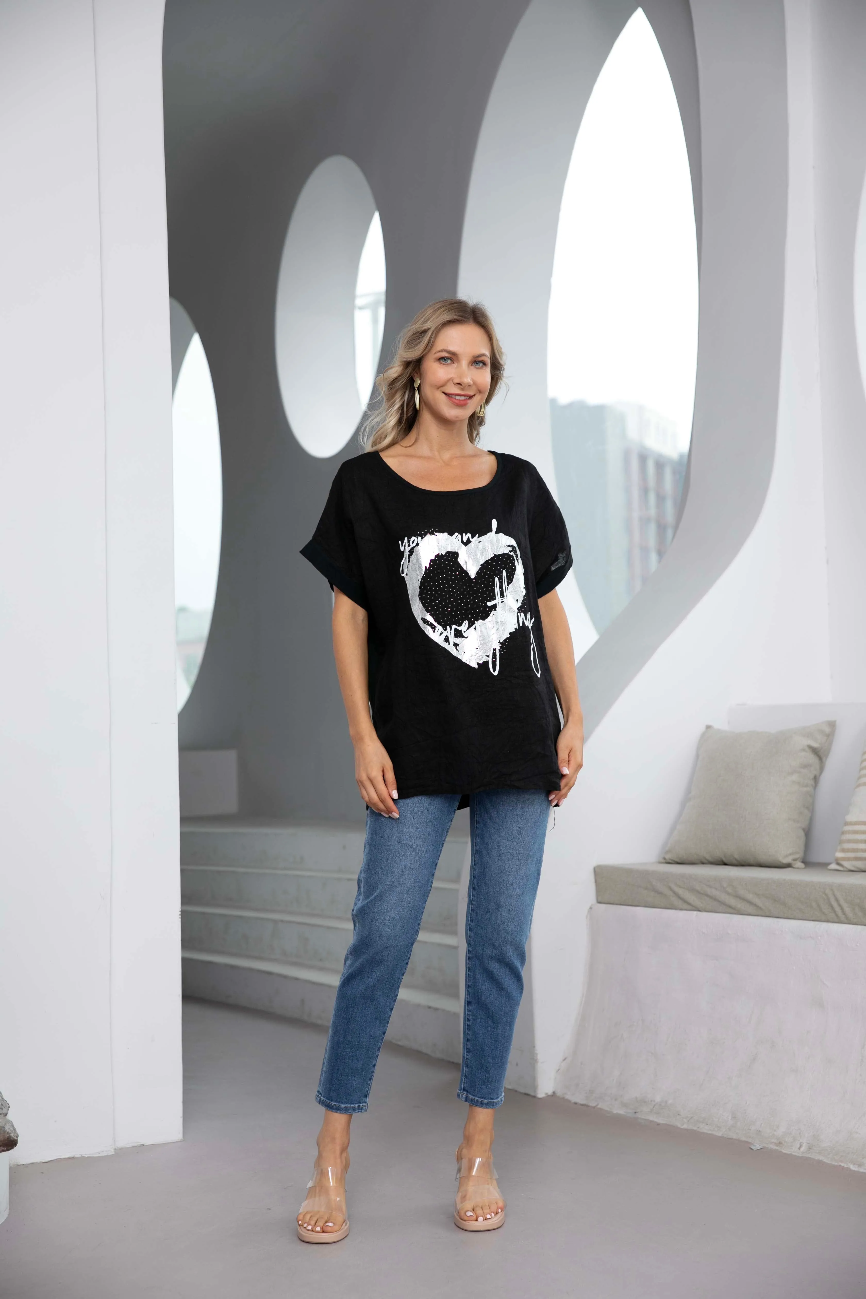 Angelina's Silver Heart Linen Top