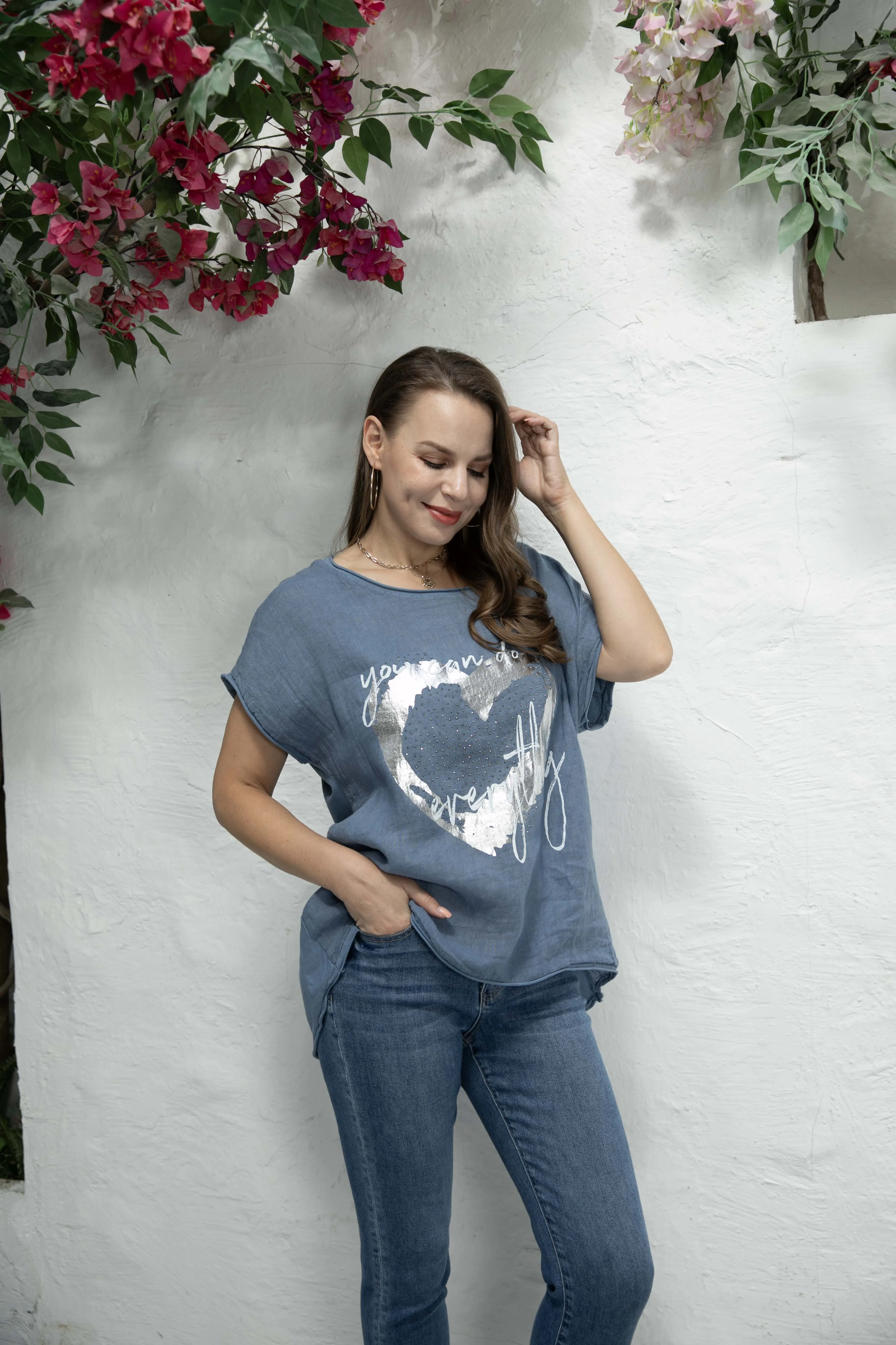 Angelina's Silver Heart Linen Top