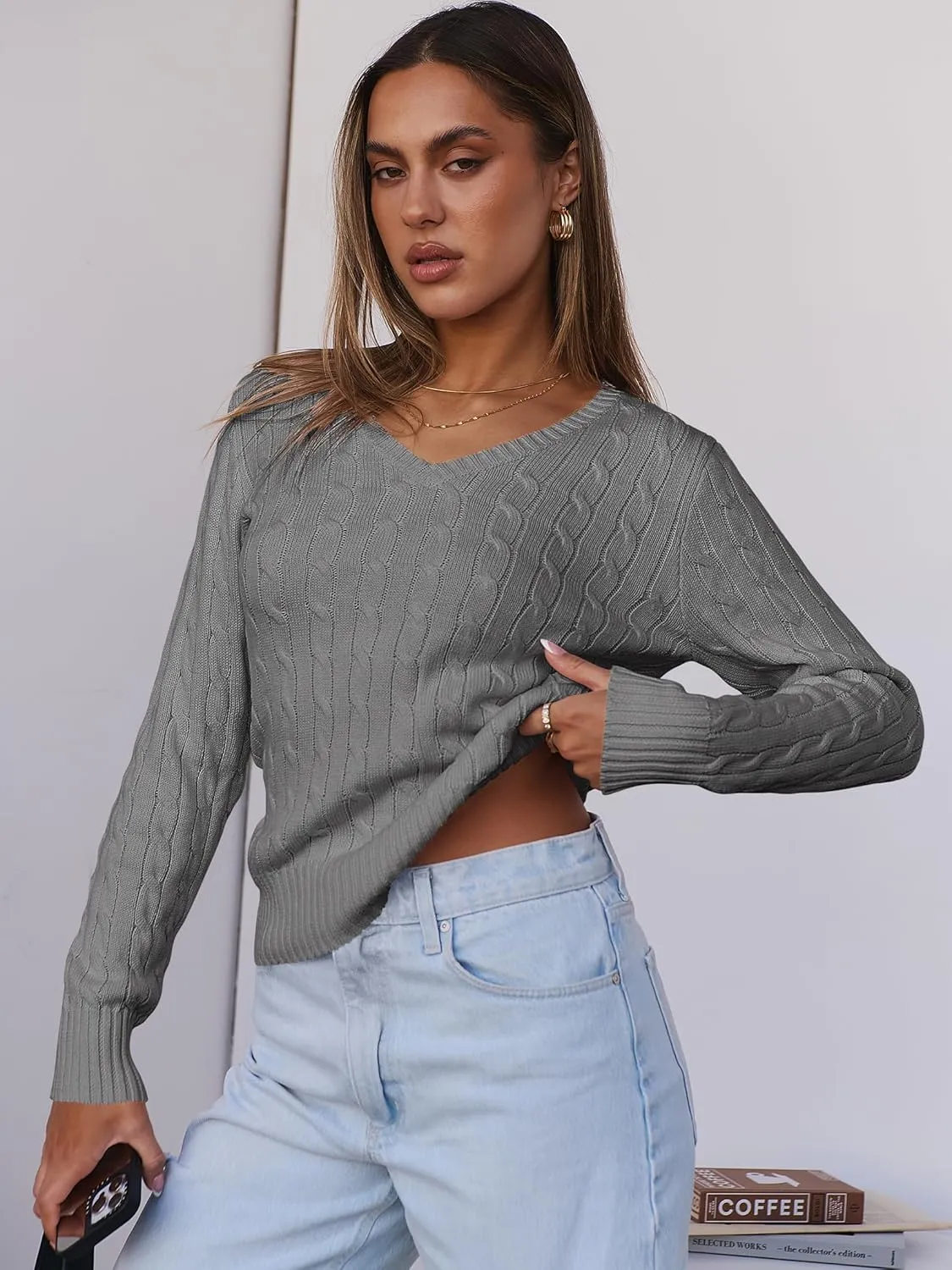 ANRABESS Women's Long Sleeve V Neck Cable Knit Sweater Jumper 2025 Fall Pullover Top Cute Soft Ladies Dressy Casual Outfits