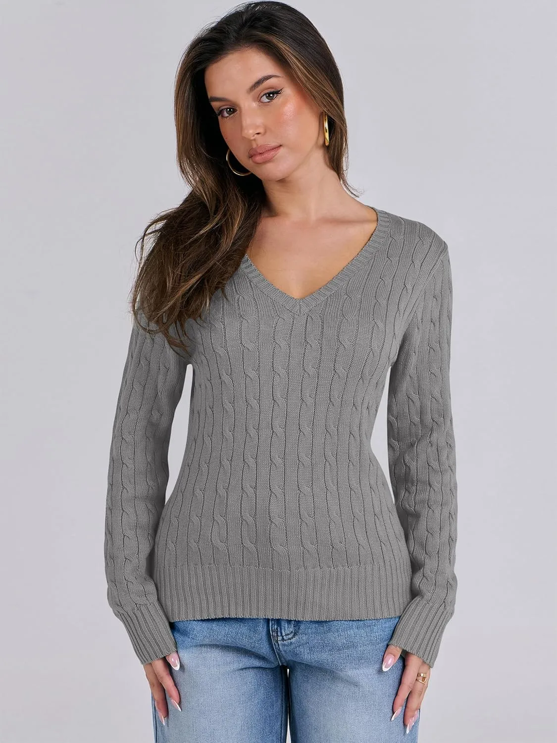 ANRABESS Women's Long Sleeve V Neck Cable Knit Sweater Jumper 2025 Fall Pullover Top Cute Soft Ladies Dressy Casual Outfits