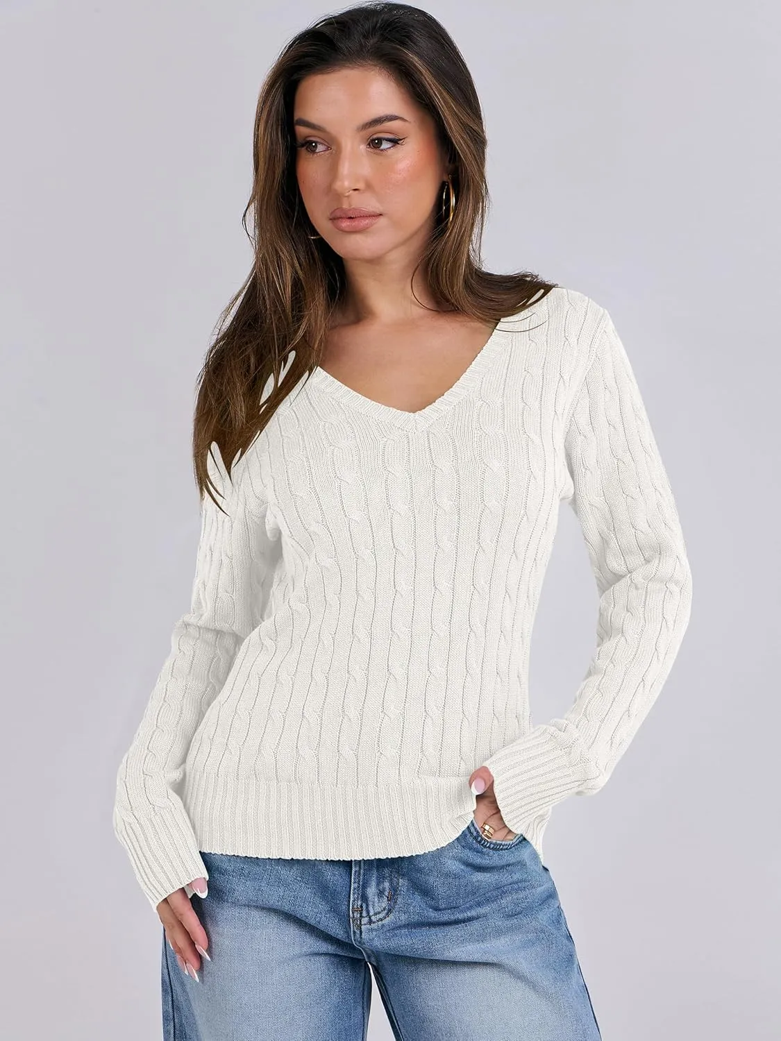 ANRABESS Women's Long Sleeve V Neck Cable Knit Sweater Jumper 2025 Fall Pullover Top Cute Soft Ladies Dressy Casual Outfits