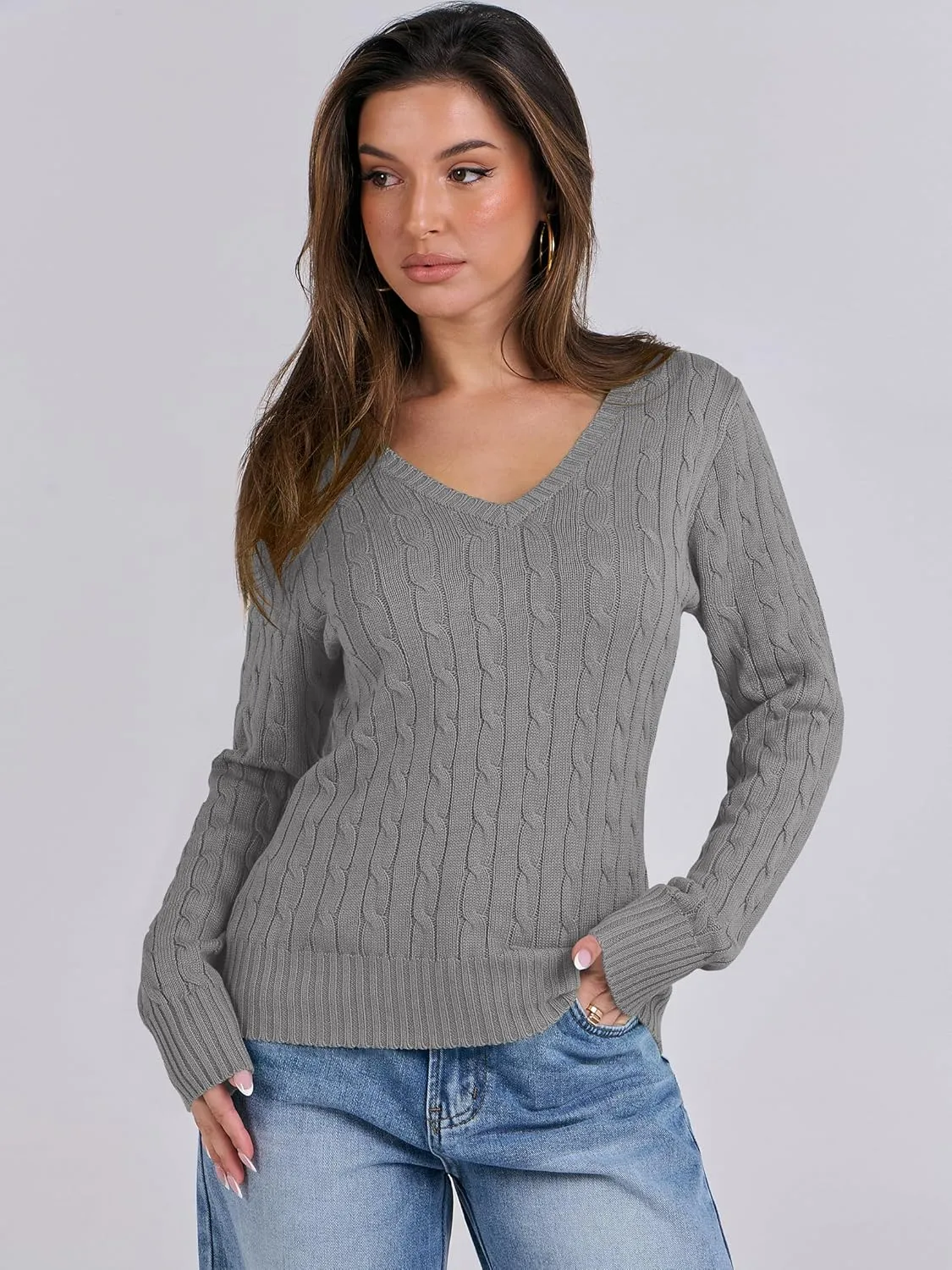 ANRABESS Women's Long Sleeve V Neck Cable Knit Sweater Jumper 2025 Fall Pullover Top Cute Soft Ladies Dressy Casual Outfits