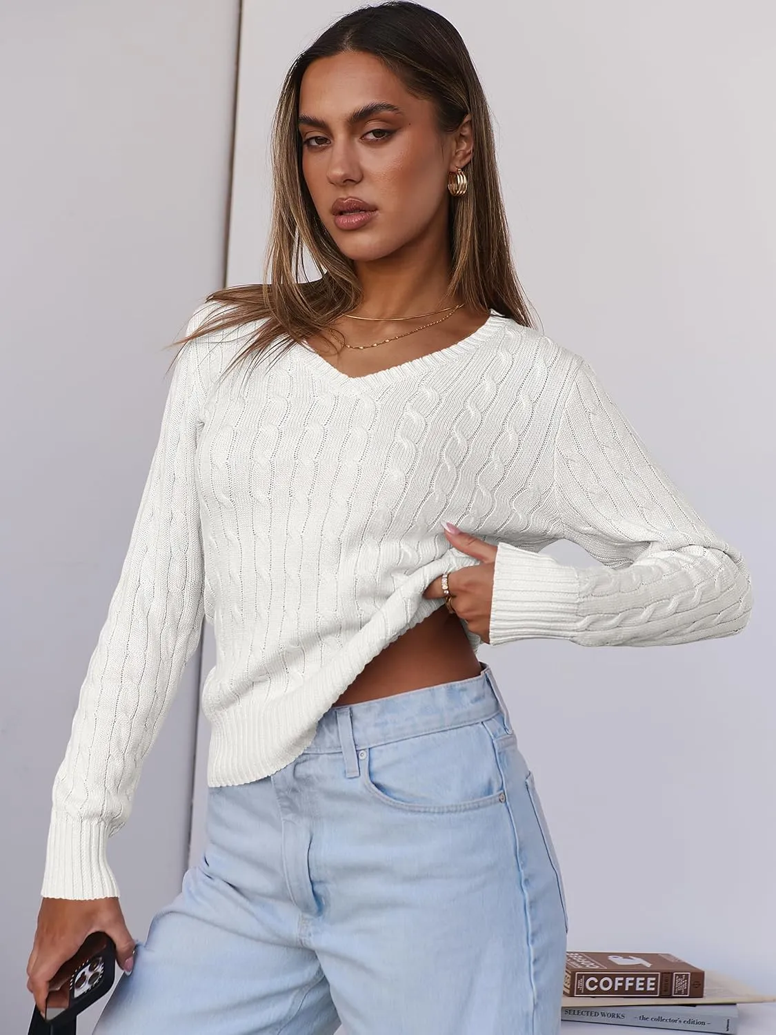 ANRABESS Women's Long Sleeve V Neck Cable Knit Sweater Jumper 2025 Fall Pullover Top Cute Soft Ladies Dressy Casual Outfits