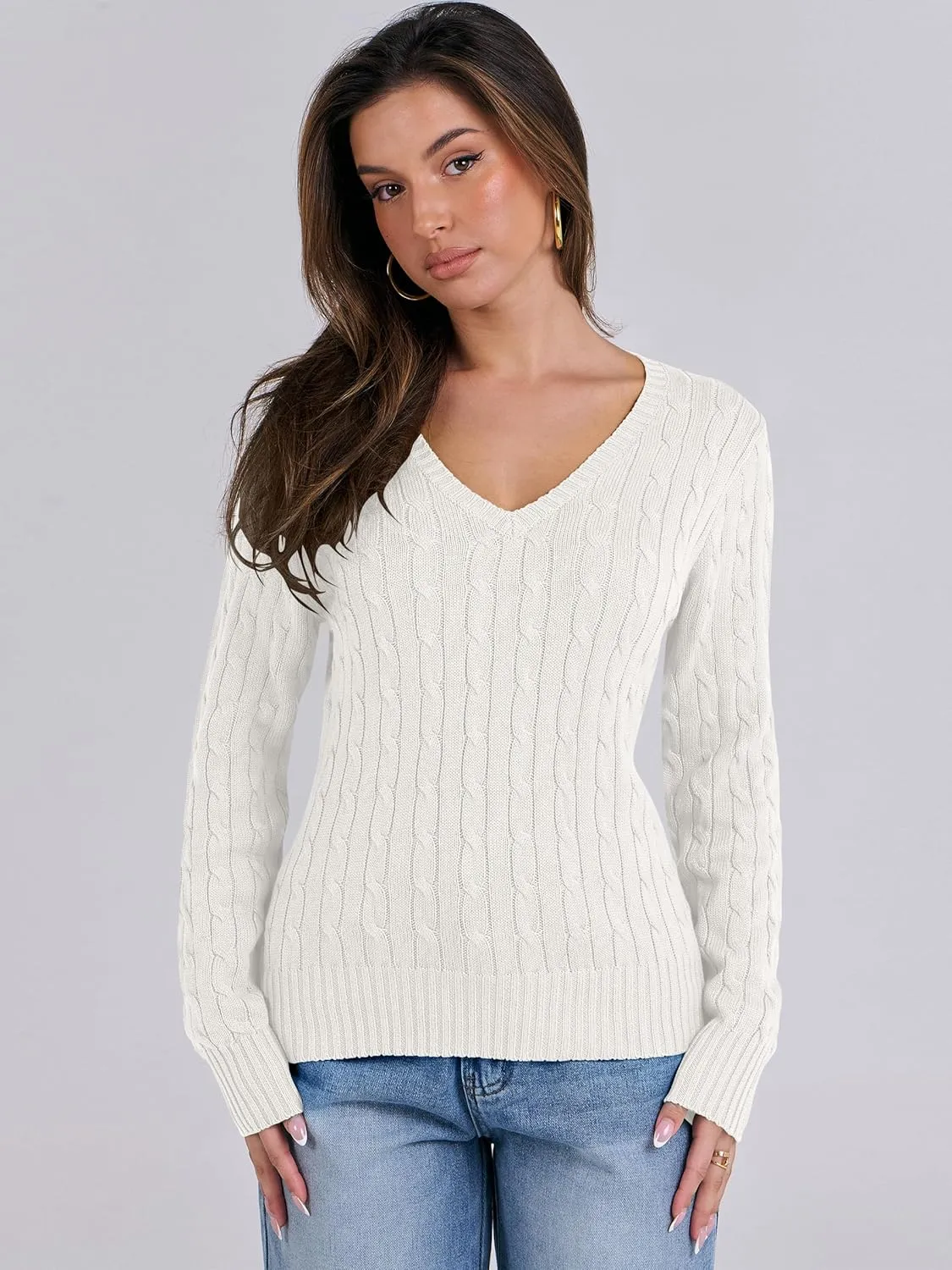 ANRABESS Women's Long Sleeve V Neck Cable Knit Sweater Jumper 2025 Fall Pullover Top Cute Soft Ladies Dressy Casual Outfits