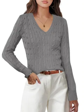 ANRABESS Women's Long Sleeve V Neck Cable Knit Sweater Jumper 2025 Fall Pullover Top Cute Soft Ladies Dressy Casual Outfits