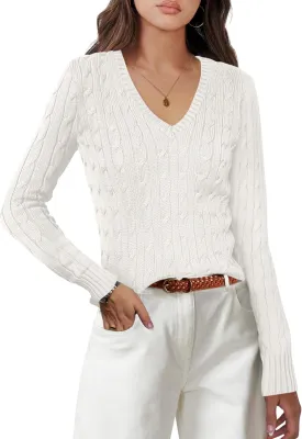 ANRABESS Women's Long Sleeve V Neck Cable Knit Sweater Jumper 2025 Fall Pullover Top Cute Soft Ladies Dressy Casual Outfits