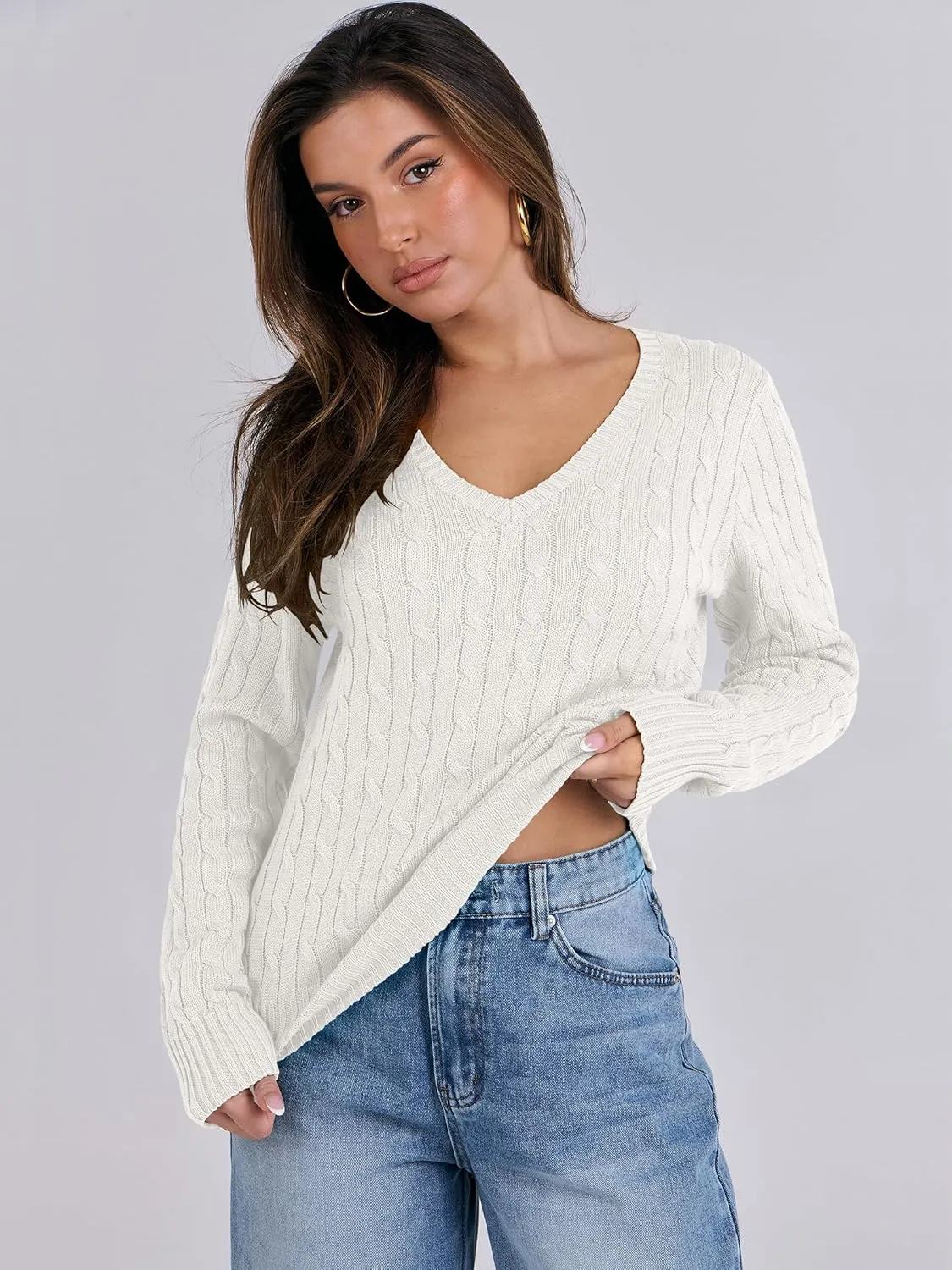 ANRABESS Women's Long Sleeve V Neck Cable Knit Sweater Jumper 2025 Fall Pullover Top Cute Soft Ladies Dressy Casual Outfits