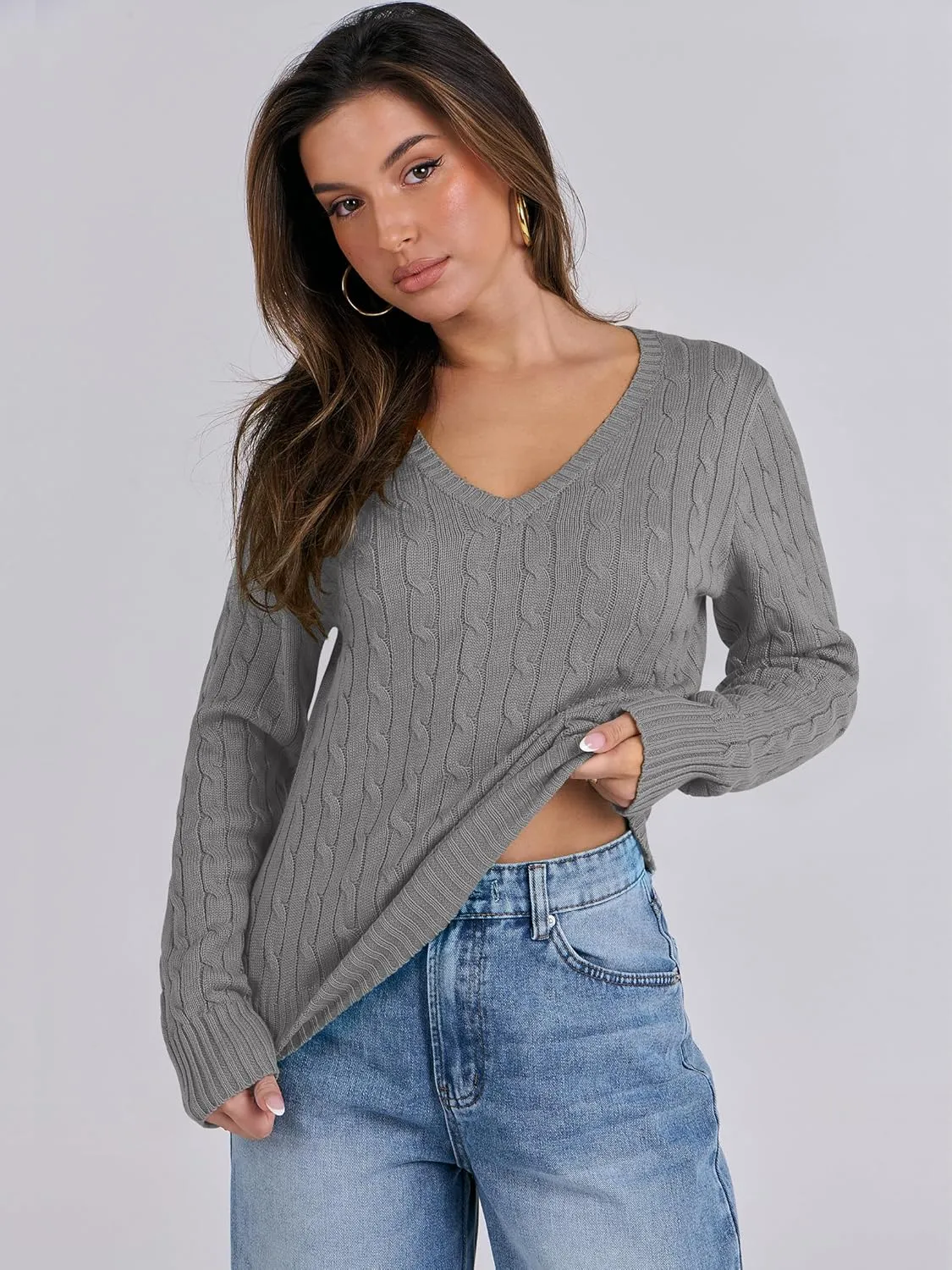 ANRABESS Women's Long Sleeve V Neck Cable Knit Sweater Jumper 2025 Fall Pullover Top Cute Soft Ladies Dressy Casual Outfits