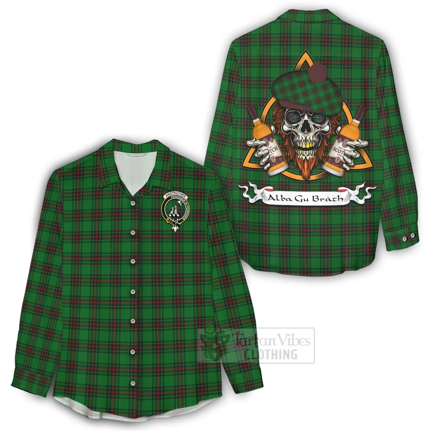 Anstruther Tartan Women's Casual Shirt with Family Crest and Bearded Skull Holding Bottles of Whiskey