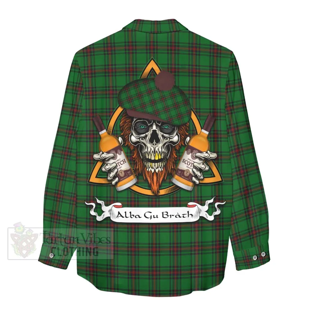Anstruther Tartan Women's Casual Shirt with Family Crest and Bearded Skull Holding Bottles of Whiskey