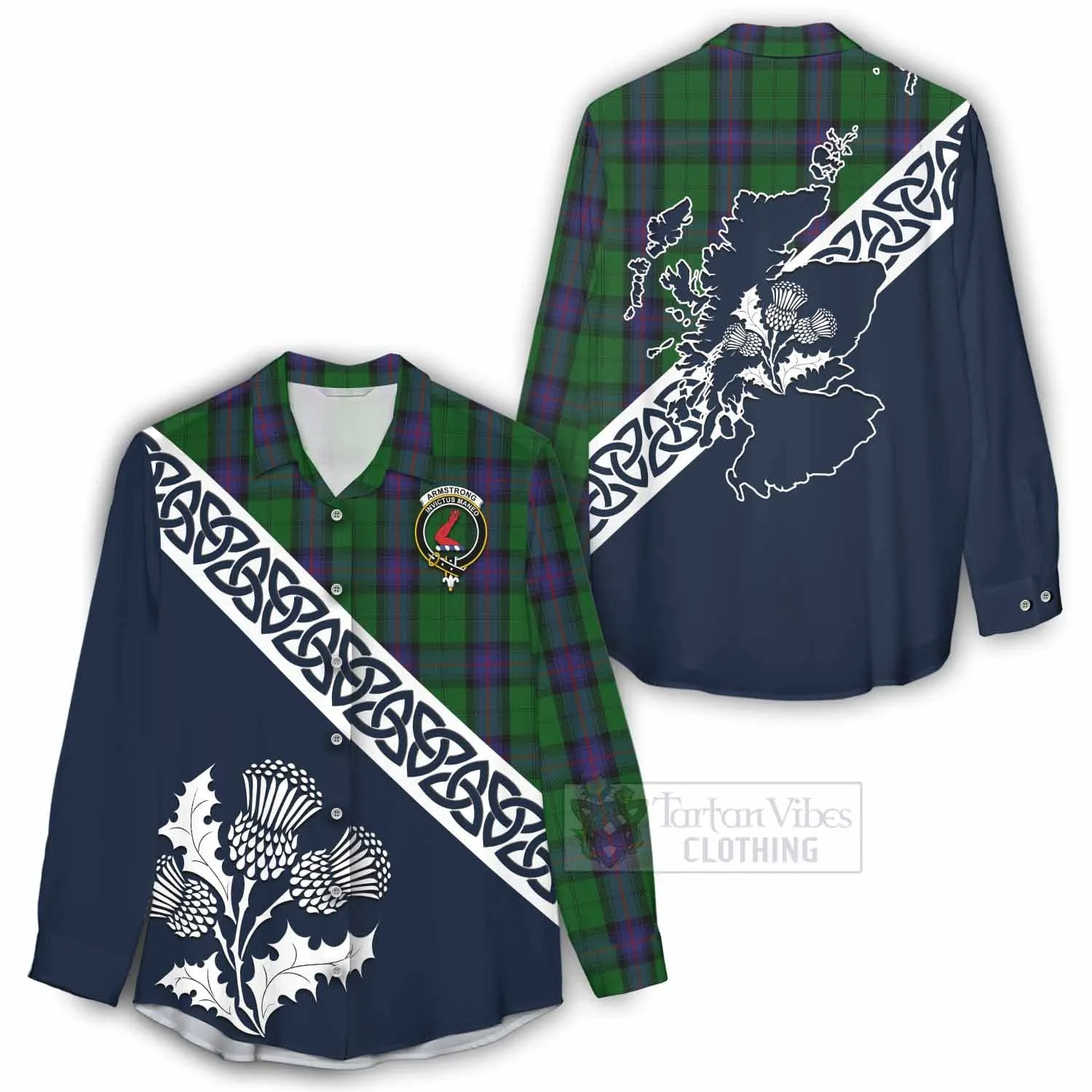 Armstrong Tartan Women's Casual Shirt Featuring Thistle and Scotland Map