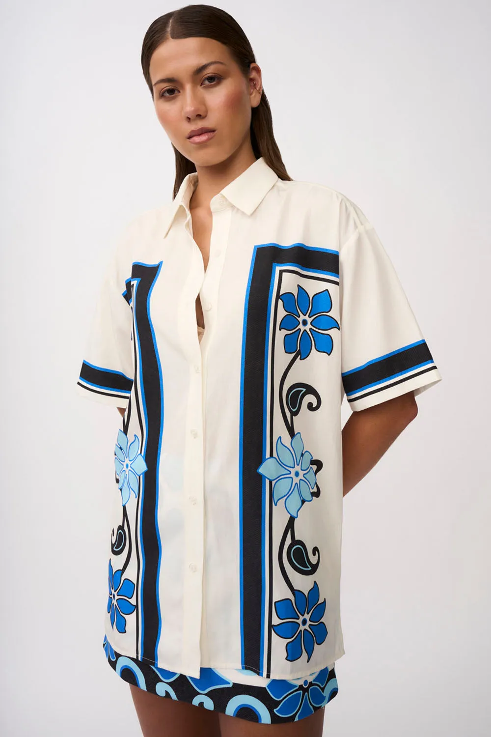 Azure Granada Flower Shirt - Aqua Navy Ivory