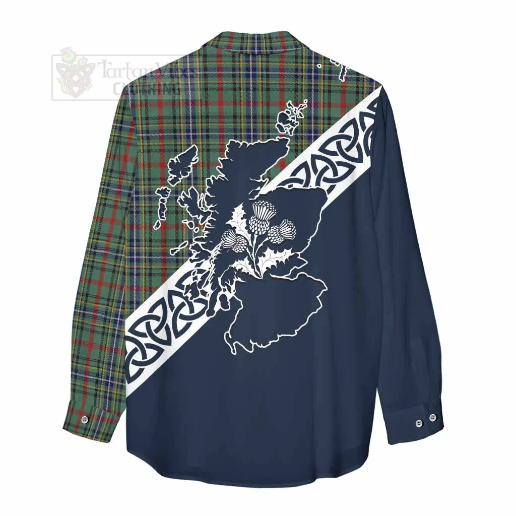 Bisset Tartan Women's Casual Shirt Featuring Thistle and Scotland Map