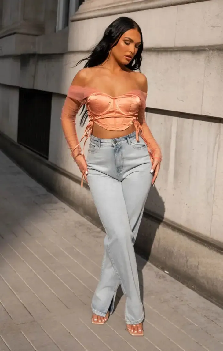 Blue Acid Wash High Waisted Straight Leg Side Split Jeans
