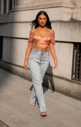 Blue Acid Wash High Waisted Straight Leg Side Split Jeans