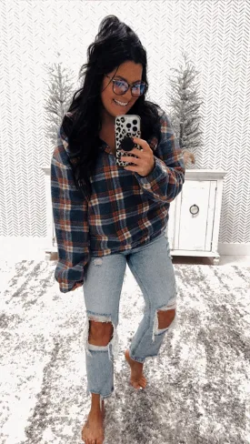 Blue Multi Plaid Super Cozy Half Zip Jacket