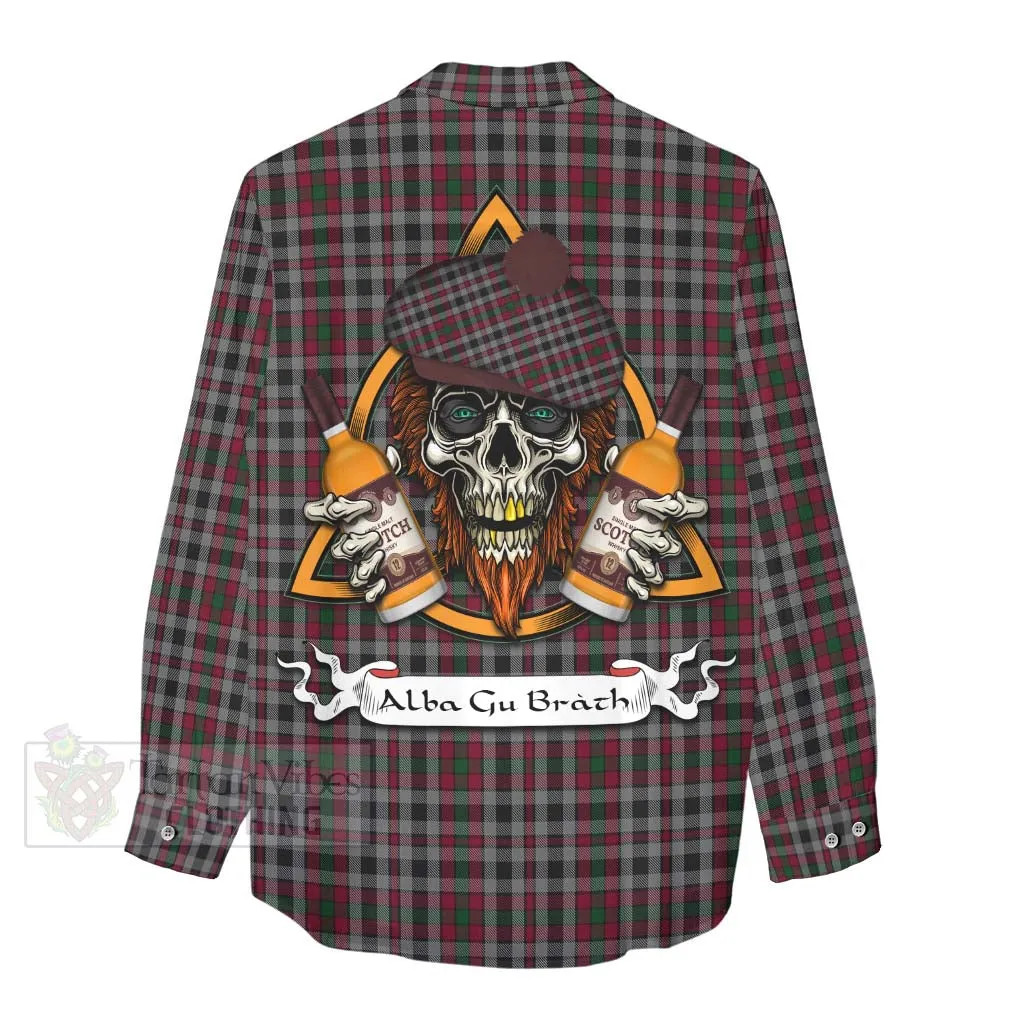 Borthwick Tartan Women's Casual Shirt with Family Crest and Bearded Skull Holding Bottles of Whiskey