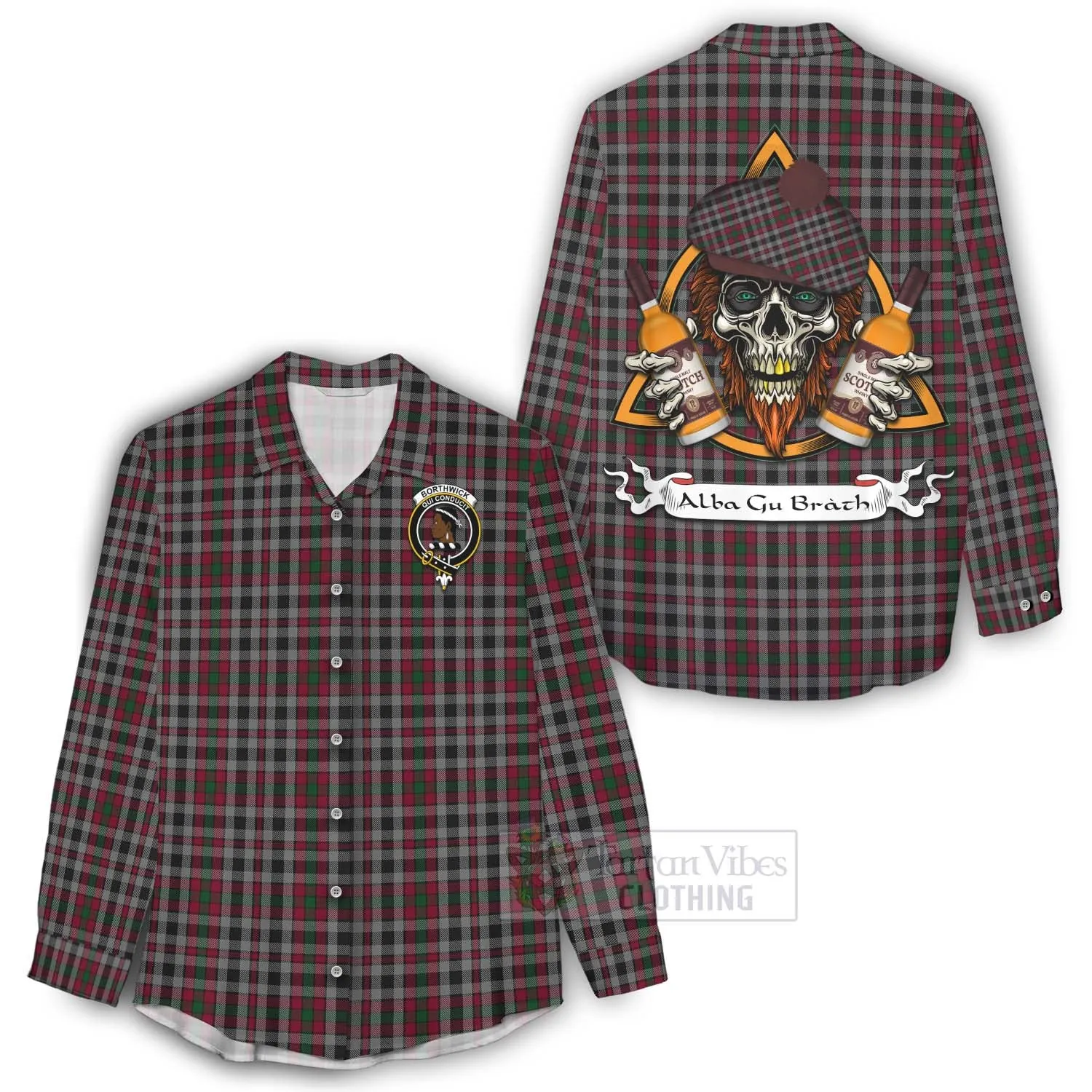 Borthwick Tartan Women's Casual Shirt with Family Crest and Bearded Skull Holding Bottles of Whiskey
