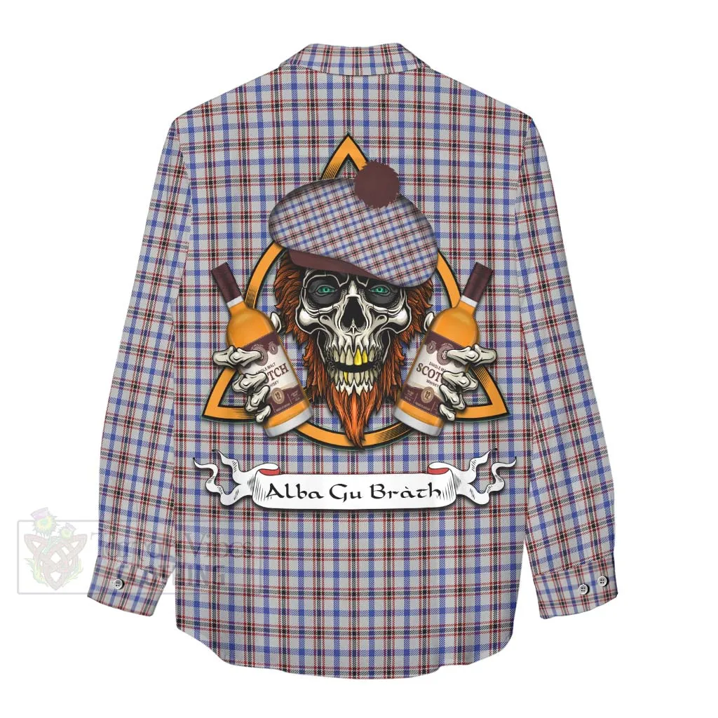 Boswell Tartan Women's Casual Shirt with Family Crest and Bearded Skull Holding Bottles of Whiskey