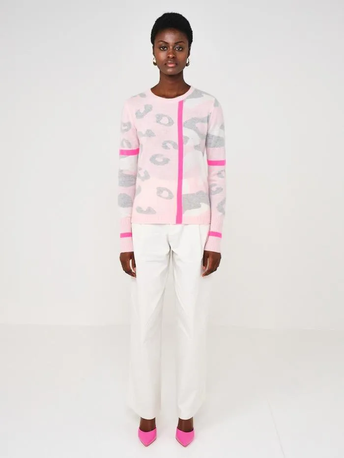 Brodie Cashmere Ava Leopard Contrast Sweater Cherry Blossom