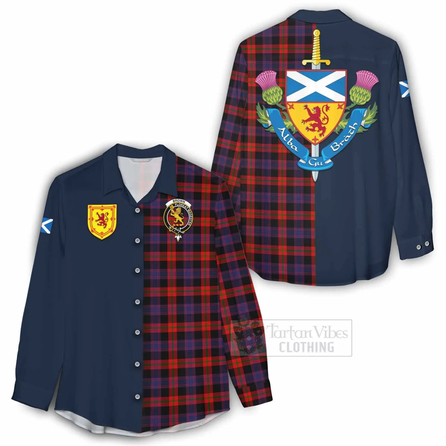 Brown (Broun) Tartan Women's Casual Shirt Alba with Scottish Lion Royal Arm Half Style