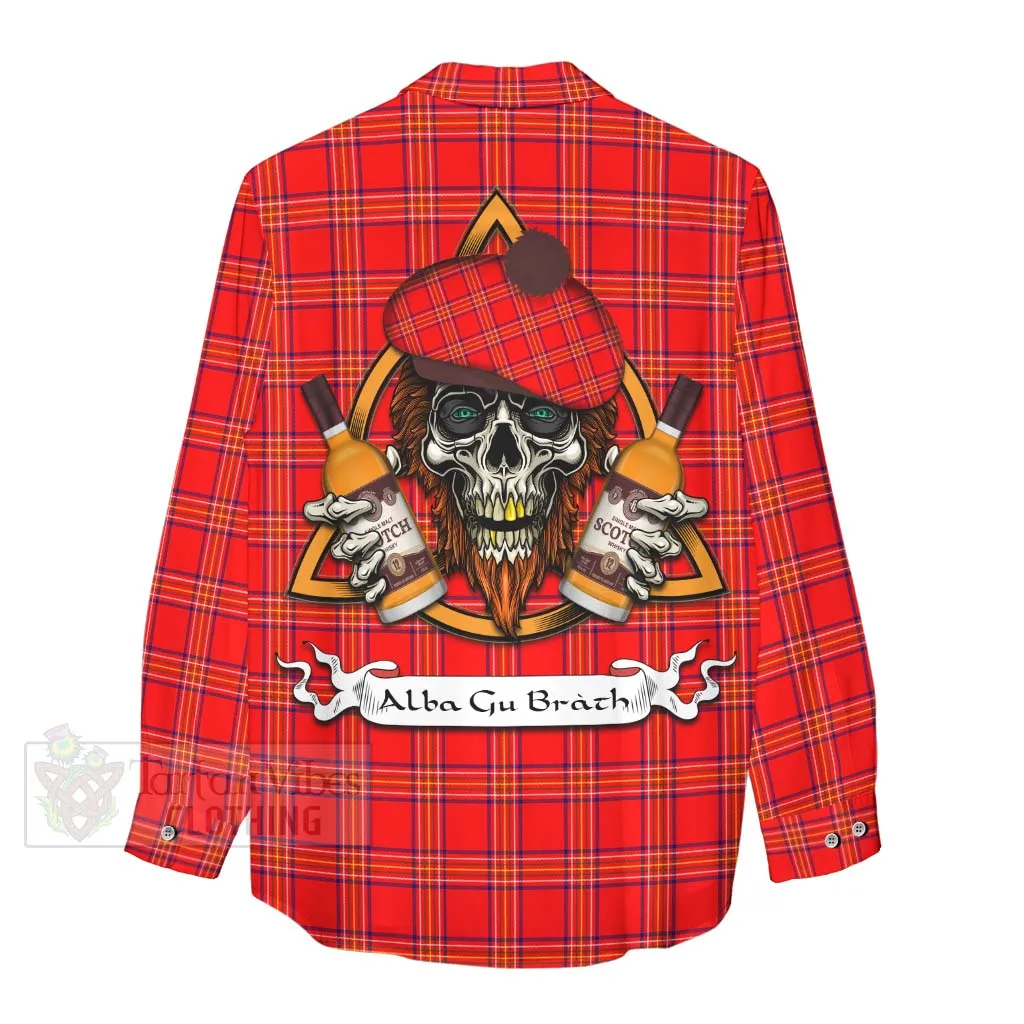 Burnett Tartan Women's Casual Shirt with Family Crest and Bearded Skull Holding Bottles of Whiskey