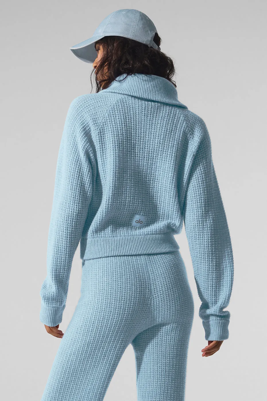 Cozy Celestial Blue Heather Cashmere Plush Waffle 1/4 Zip Pullover Sweater