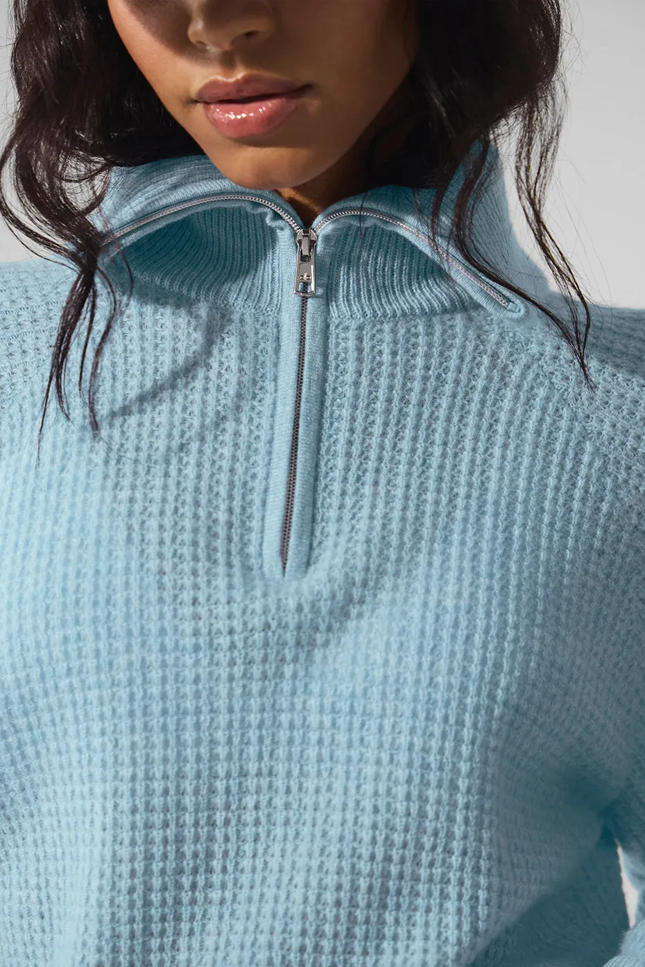 Cozy Celestial Blue Heather Cashmere Plush Waffle 1/4 Zip Pullover Sweater
